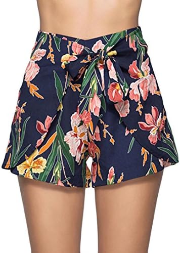 Pervobs Women Shorts Women Summer Floral Print Shorts Loose High Waist Beach Shorts Workout Yoga Hot Pants (M, Blue)