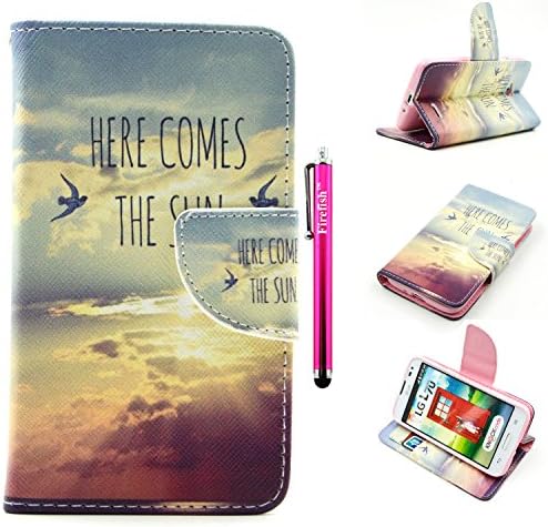 L70 Case, Firefish High Quality PU Leather Wallet Case [Card Pockets] Damage Resistance Magnetic Closure and Kickstand Feature Case for LG Optimus L70 + One Stylus Pen - Sunrise