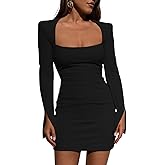 GOBLES Women's Elegant Long Sleeve Square Neck High Waist Ruched Bodycon Mini Cocktail Dress