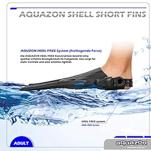 Schnorchelmasken 513JBJ3RrlL. SS300 AQUAZON SHELL, Kurzflossen Trainingsflossen, Schwimmflosssen, Reiseflossen, Schnorchelflossen grössenverstellbar mit Free Heel System, Sehr robust für Erwachsene Männer und FrauenUnser Modell SHELL ist eine professionelle, fersenfreie, verstellbare Kurzflosse, die sehr gut zum Bodyboarden, Tauchen, Schnorcheln, Schwimmen oder zum Unterwasserrugby geeignet ist. Durch das Verstellsystem hat die ganze Familie Spaß an dieser Flosse ! Sie verfügt über ein QUICK FIX System, mittels dessen kinderleicht ein Bereich von ca. 5 Schuhgrößen variabel eingestellt werden kann. Das QUICK Fix System ist sehr robust und professionell ausgelegt. Bei dem im Fußbereich eingesetzten THERMORUBBER handelt es sich um ein hochelastisches, sehr anschmiegsames Material. Die Flosse lässt sich daher sehr einfach und bequem an- und ausziehen. Die Flosse eignet sich aufgrund des kürzeren Flossenblattes und der daraus resultierenden kompakten Größe und dem geringen Gewicht auch sehr gut als Urlaubs- und Reiseflosse. Professionelle, robuste, grössenverstellbare Kurzflosse mit hervorragendem Preis-/Leistungsverhältnis. Sehr gut zum Bodyboarden, Tauchen, Schnorcheln, Schwimmen oder zum Unterwasserrugby geeignetLeicht zu bedienendes, hochwertiges QUICK FIX Verstellsystem, die Trainingsflosse ist dadurch in einem Grössenbereich von bis zu 5 Schuhgrössen einstellbar Ferse freiliegend (Free Heel System) , die Kurzflosse ist daher im Wasser sehr feinfühlig steuerbar und weniger belastend für Fussgelenke. Aufgrund des kompakten Maßes ideal als ReiseflosseDas Flossenblatt der Flosse ist aus AQUAFLEX gefertigt, einem leichten und zugleich reaktiven Material, das mit Flexrubbereinlagen für eine verbesserte Hydrodynamik versehen istAllgemeine Warnhinweise: Achten Sie immer darauf, nicht zu weit zu schwimmen, die Rückkehr zum Ufer könnte Sie überfordern. Bitte atmen Sie niemals mehr als 3 mal tief ein, bevor Sie tauchen, das könnte zu einer Hyperventilation führen, sodass Sie