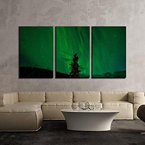 3 Piece Canvas Wall Art - Beautiful View of Green Aurora - Modern Home Art Stretched and Framed Ready to Hang - 16"x24"x3 Panels