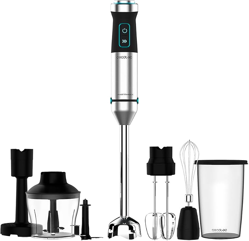 Frullatore a Immersione Power Titanblack 1500 XL Perfectcream&Crush, 2300 W, 4 Lame Rivestimento Titanio Nero, Piede XL, Bicchiere 700 ml con Coperchio, Aste e Tritatutto con Becco Ghiaccio