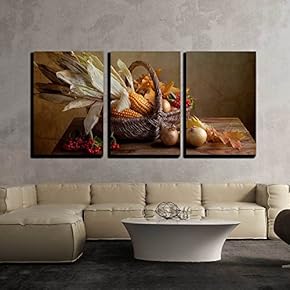 3 Piece Canvas Wall Art - Still Life Autumn Concept Image with Vegetables and Wicker Basket - Modern Home Art Stretched and Framed Ready to Hang - 24"x36"x3 Panels