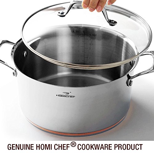 HOMI CHEF Mirror Polished Copper Band NICKEL FREE Stainless Steel 4.5 Quart Stock Pot with Glass Lid (No Toxic Non Stick Coating, 9.5 Inch)