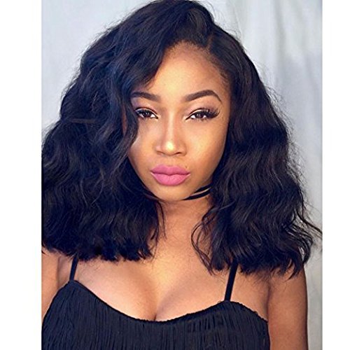 Rongduoyi Synthetic Fiber Hair Wigs 2021 Fashion Brazilian Hair Short Bob Wave Wigs Synthetic Lace Front Wigs Black Color Heat Resistant Synthetic Hair Wigs (14inch lace front wig)