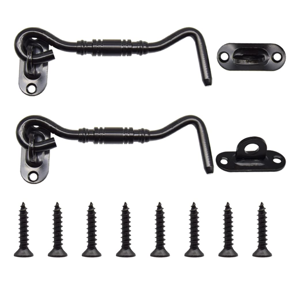 Yosawo 2 Pcs Cabin Hook and Eye Latch,Stainless Steel Heavy Duty Barn Barn Door Swivel Window Hook Lock for Garage, Garden Gates, Closet Shed（Black-110mm）