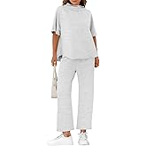 Yousify Women's Two Piece Sets 3/4 Batwing Sleeve Capelet Crew Neck Pullover Top Wide Leg Pants Lounge Set Travel Outfits