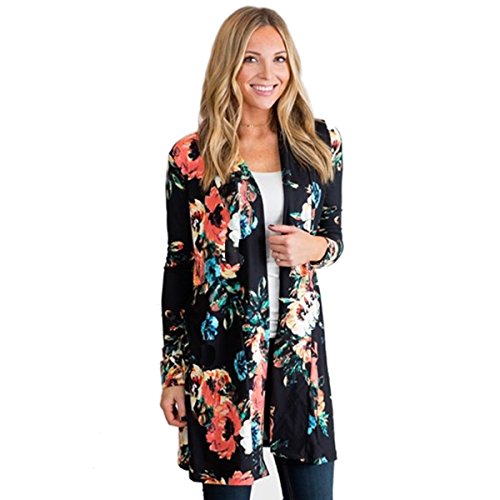 BB&KK Flower Chiffon Shawl Kimono Cardigan Coats Jackets Cover up Blouse Tops (L, Black)
