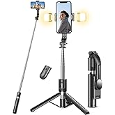 Selfie Stick Tripod with Light, 45'' Selfie Stick with Wireless Remote, Portable Phone Tripod Compatible with iPhone 16/15 Pro Max/15/14 Pro/14/13, Samsung S22/ S23 Ultra/Android Smartphone