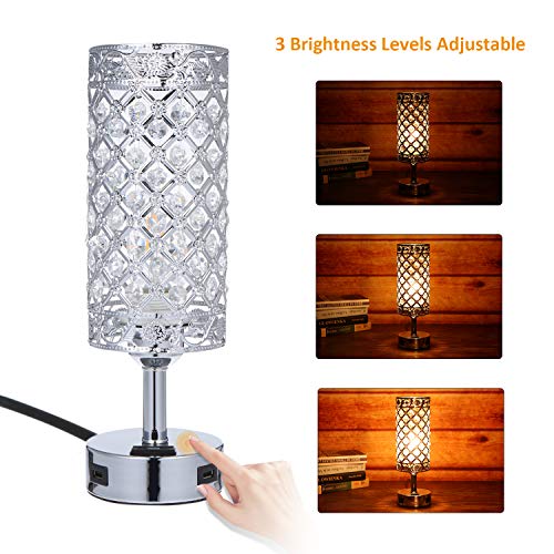 Tomshine Touch Control Crystal Table Lamp with Dual USB Charging Ports & AC Outlet, 3-Way Dimmable Silver Bedside Touch Lamp Modern Nightstand Lamp for Living Room Bedroom with Bulb