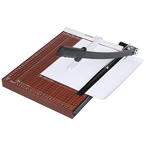 Guillotine Paper Cutter and Trimmer, 15 inch Cut Length, 12 Sheet Capacity for Home Office, Automatic Clamp, Sturdy Wood Base (Red)