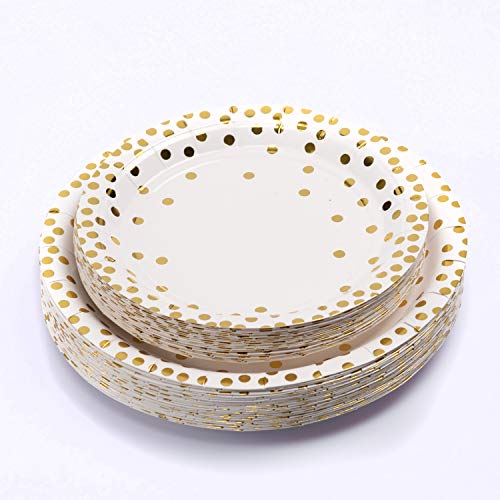 200PCS Gold Dot Disposable Paper Plates,Cups and Napkins, Tableware Sets Include 50 Dinner Plates, 50 Dessert Plates, 50 9 oz Paper Cups, 50 Luncheon Napkins, for Baby Shower Birthday Wedding Party - Thumbnail 3
