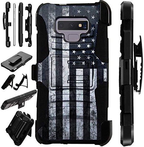 For Samsung Galaxy Note 9 Case Armor Hybrid Silicone Cover Stand LuxGuard Holster (Gray US Flag)