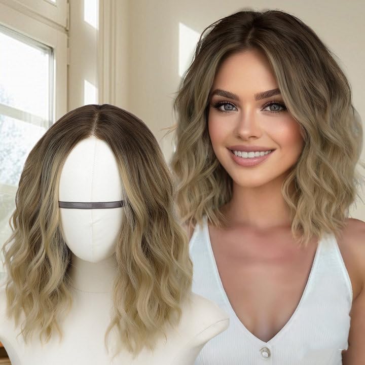 View 1 of AISI HAIR 14 Inch Ombre Blonde Wigs for Women - Shoulder Length Wave Wig with Pre-Cut Lace Hairline, Middle Part Natural Wavy Bob Synthetic Heat Resistant Fiber for Daily and Party
