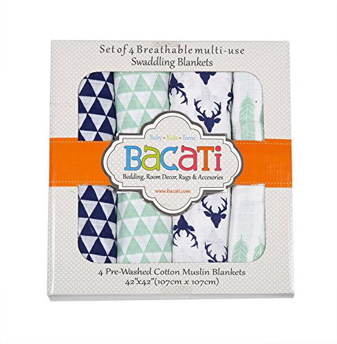 Bacati Noah Tribal Buck/Feathers/Triangles 4 Piece Cotton Muslin Swaddling Blankets, Aqua
