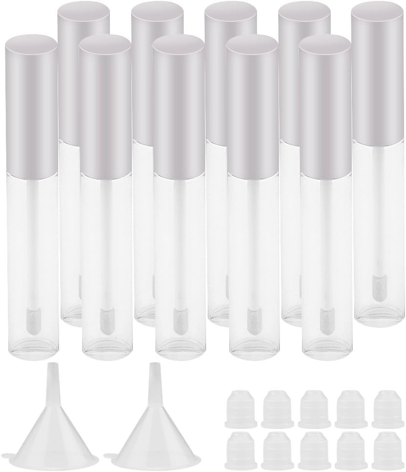 GTHER 10PCS 10ML Empty Lip Gloss Containers Tube & Silver Lid & Brush Tip Applicator Wand & Funnel & Rubber Stoppers for DIY Lip Refillable Makeup, Silver