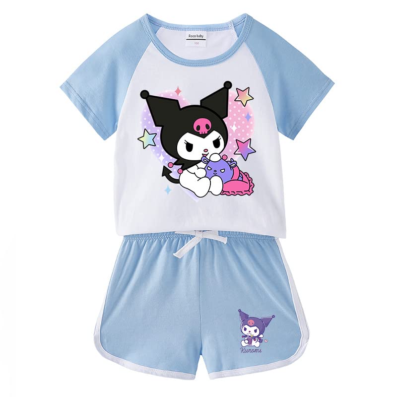 OUHUAN クロミ ちゃん 子供服 夏服 半袖Ｔシャツ ショートパンツ 上下セット 綿 無地 丸首 キッズ パジャマ 赤ちゃん 服 ベビーパジャマ トップス カジュアル ルームウェア 人気 コスチューム 部屋着 日常着 （ライトブルー②，100） の商品画像