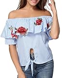 Romacci Women's Ruffle Off Shoulder Embroidered Floral Striped Tie Front Casual Crop T-shirt Top Blouses