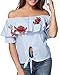 Romacci Women's Ruffle Off Shoulder Embroidered Floral Striped Tie Front Casual Crop T-shirt Top Blouses