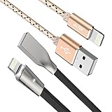 Alyee iPhone Charger, 6FT w LED Light [2Pack] Flat Lightning Cable and Nylon Braided iPhone Charging USB Cord for iPhone X/8/8 Plus/7/7 Plus/6s/6s Plus/6/6 Plus/5/iPad Air/Mini and iPod (Gold & Black)
