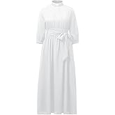 Church Dresses for Women Elegance Audrey Hepburn Style Tab Collar 3/4 Puff Sleeve Swing Maxi Dress with Long Belt