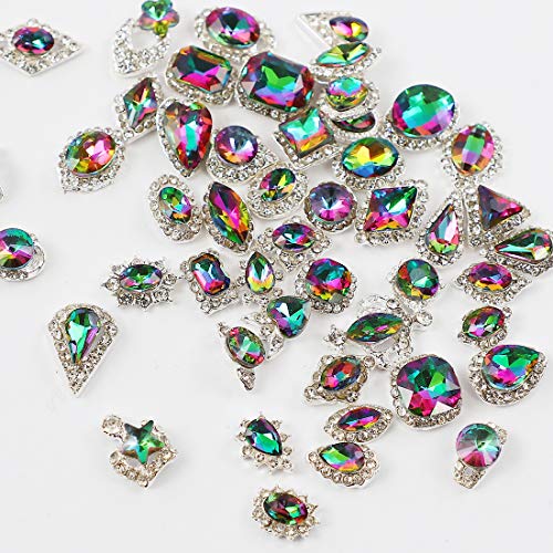 48pcs Big Mix Sizes Different Shapes Colorful AB Iridescent 3D Crystals Diamonds Large Rhinestones Bow Silver Metal Charms Gems Stones for Nail Art Beauty Design Decoration Craft Jewelry DIY