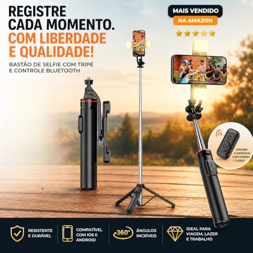 Bastão Pau de Selfie Tripé para Celular com iluminação Bluetooth Controle Remoto Portátil Retrátil para iOS e Android (Preto) H'MASTON