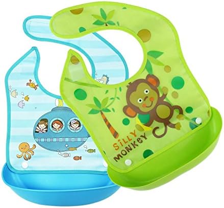 Removable Waterproof Bib Easily Wipes Clean Comfortable Soft Baby Bibs (Monkey & Submarine)