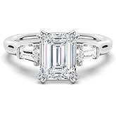 MSBLUE® Emerald Cut Engagement Ring, 2ct Moissanite with Tapered Baguette Side Stones, Sterling Silver with 14K Gold Vermeil, Rhodium Finished