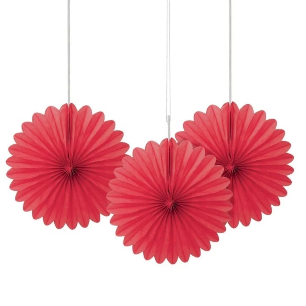 Red Solid Tissue Paper Fans (15cm) 3 Pieces - Vibrant Hanging Decorations for Parties & Events