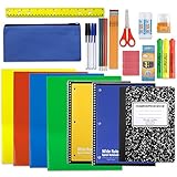 School Supply Kit: Folder Subject Spiral Notebook Composition Book Colored Pencil Pouch Ruler Pen Blunt Tip Scissor Eraser Glue Stick Crayon Sharpener Highlighter | K-8 Elementary Grade (24 Piece)