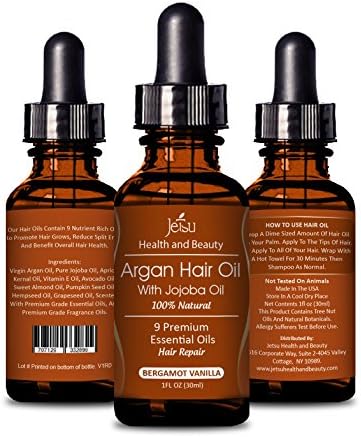 Argan Oil for Hair, BERGAMOT VANILLA Scent - Repair Damaged Hair, Daily Hair Moisturizer, 9 Premium Quality Natural Essential Oils, including Jojoba Oil for Hair. FREE easy to use Dropper.