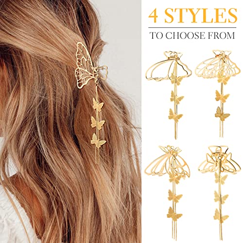 4 PCS Butterfly Hair Clips, Butterfly Metal Non-slip Hair Clip, Gold Hair Claw Clips, Tassel Hair Clip, Hair Clips for Thick Hair, Hair Jaw Clips for Women Girls, Hair Accessories for Women