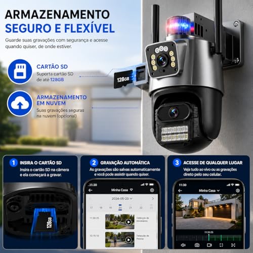 Câmera de Segurança Externa Dupla Wi-Fi 6MP com Duas Lentes, Visão Noturna, Sirene, Detecção de Movimento, Áudio Bidirecional, Rotação 355°/90° e Proteção IP66