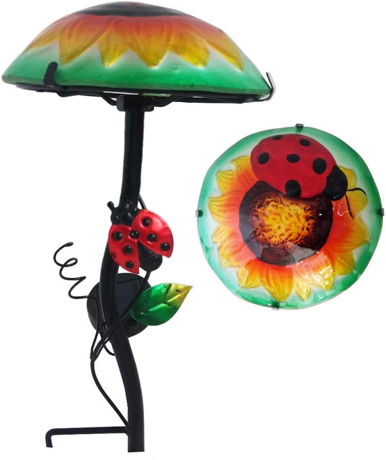 Comfy Hour 15" Height Mushroom Shape Coccinella Septempunctata Flower Glass Top Solar Light Garden Stake
