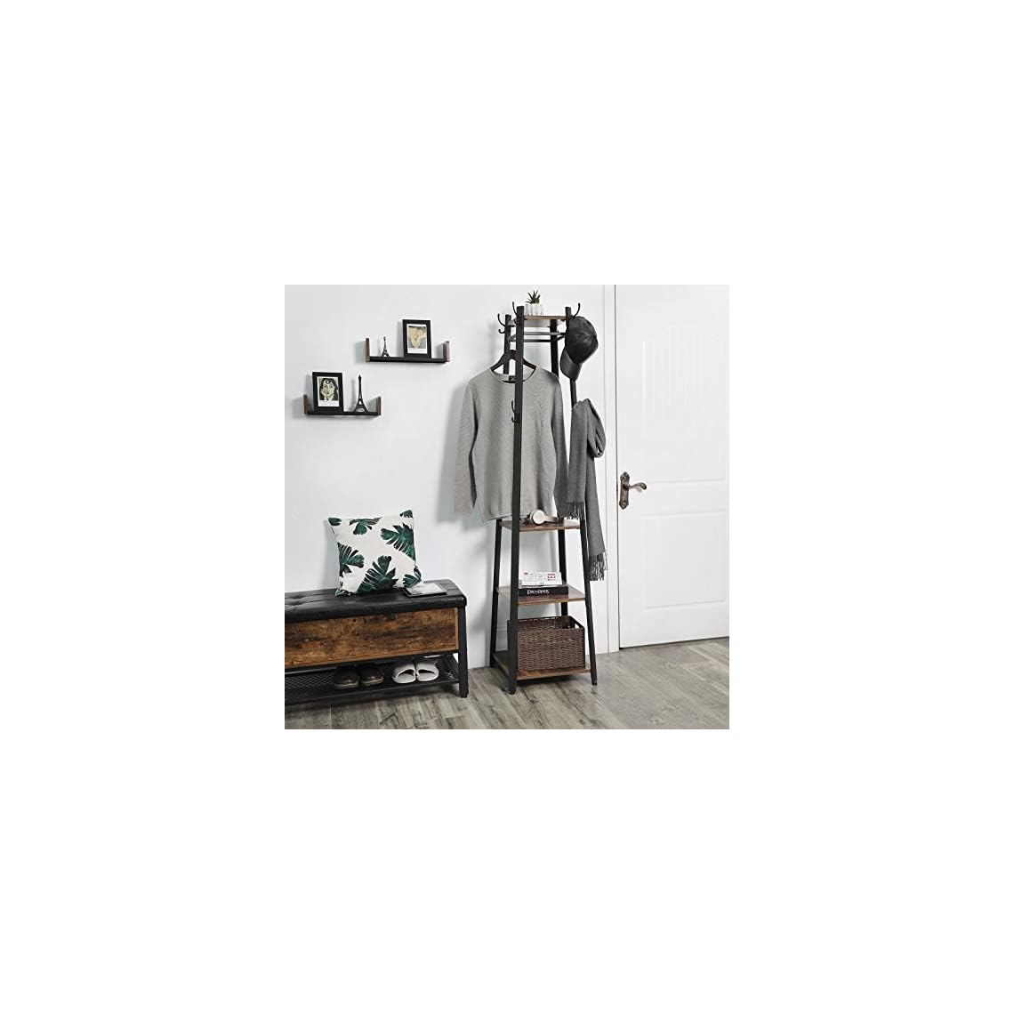 VASAGLE ALINRU Coat Rack with 3 Shelves, Stand with Hooks for Scarves