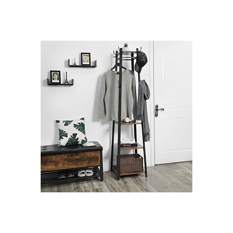 VASAGLE ALINRU Coat Rack with 3 Shelves, Stand with Hooks for Scarves