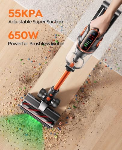 Cordless Vacuum Cleaner, 650W/55Kpa/70Mins Stick Vacuum Cleaners for Home with 180° Foldable Wand &100cm Hose, Touch Screen AUTO-Mode, Wall Mount Charging, Fragrance, Vacuum for Floor/Carpet/Pet Hair