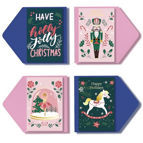 WRAPAHOLIC Christmas Greeting Cards Assortment with Envelopes - Pink and Green Nutcracker and Ballet Dancer Design - 4 Pack - 4 x 6 inch