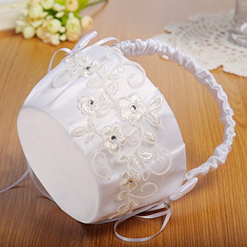 LUOEM White Embroidered Petal Wedding Flower Girl Basket Ceremony Party Lace Bowknot Portable Flower Girl Basket for Wedding Decoration(White)