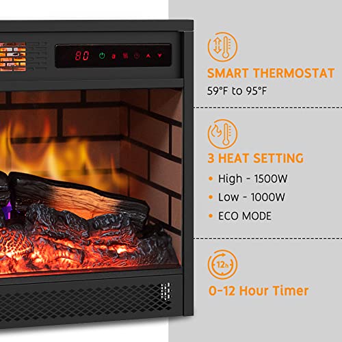 22” Electric Fireplace Insert Heater with Log Flame Effect, Recessed