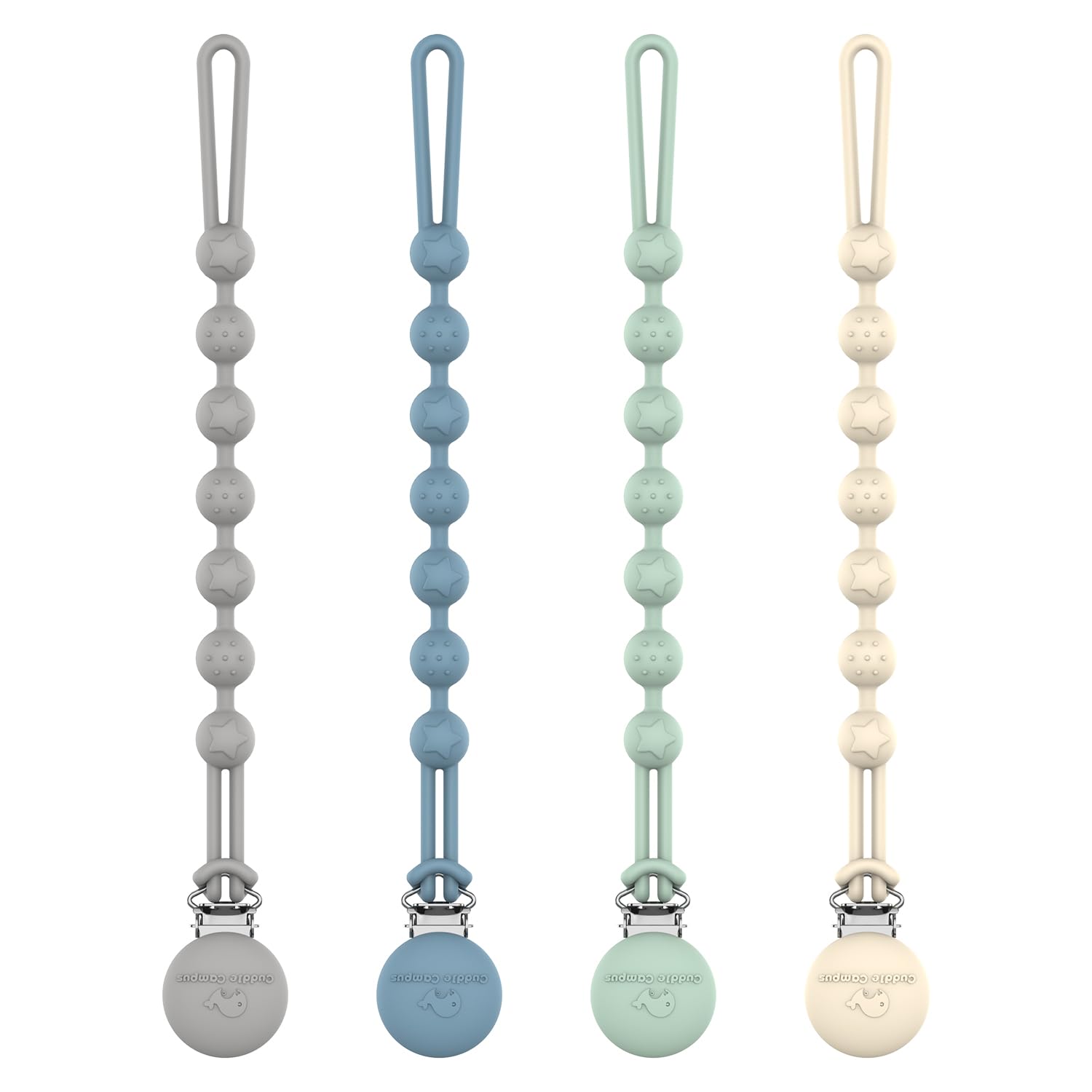 Photo 1 of Cuddle Campus Silicone Pacifier Clip Holder with One Piece Design, Pack of 4 Soft Flexible Binky Clips with Texture for Baby Boy and Girl Set 2(6M+)