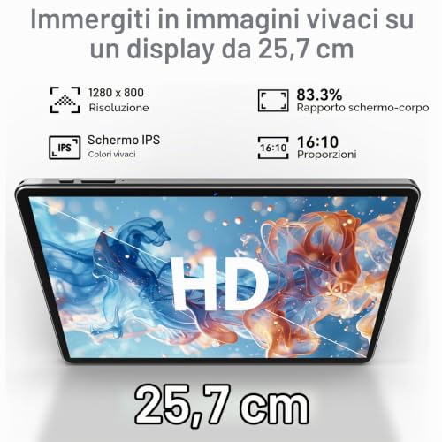 Tablet Android 15 da 10,1 pollici, 18GB RAM (6+12) 128GB ROM, T30 Octa-Core, espandibile fino a 1TB, WiFi 6, batteria da 6000mAh, display HD IPS 1280×800, GPS, Widevine L1, Tablet con Gemini AI, Nero