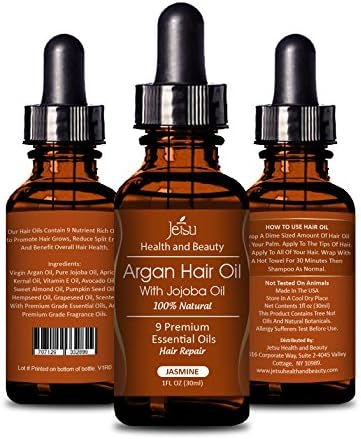 Argan Oil for Hair, JASMINE Scent - Repair Damaged Hair, Daily Hair Moisturizer, 9 Premium Quality Natural Essential Oils, including Jojoba Oil for Hair. FREE easy to use Dropper.