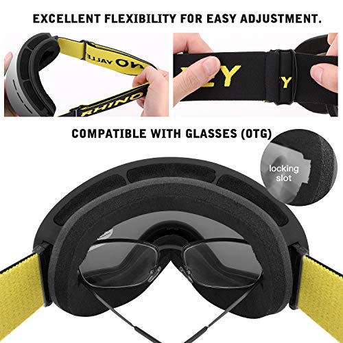 Rhino Valley Frameless OTG Ski Goggles, Snowboard Goggles Anti-Fog 100% UV Protection, Dual Lens Snow Eyewear Helmet Compatible for Skiing Skating & Winter Snow Outdoor Sports for Men Women Youth