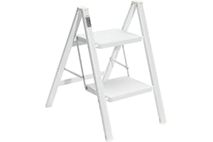 BOCOM 2 Step Ladder, Lightweight Portable Foldable Collapsible Folding Sturdy Iron Metal Step Stool with Anti-Slip Wide Pedal, Heavy Duty 330 lbs Capacity, for Home, Kitchen, Closet, Adults, White