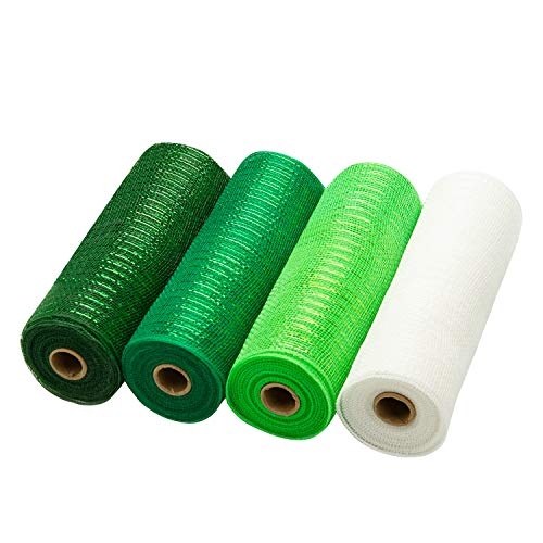 LaRibbons Deco Poly Mesh Ribbon - 10 inch x 30 feet Each Roll - Metallic Foil Green and White Rolls for Wreaths, Swags and Decorating - 4 Pack