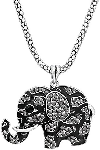 New Dimensions Elegant Black &amp; Grey Rhinestone Elephant Necklace on 16" Rope Chain