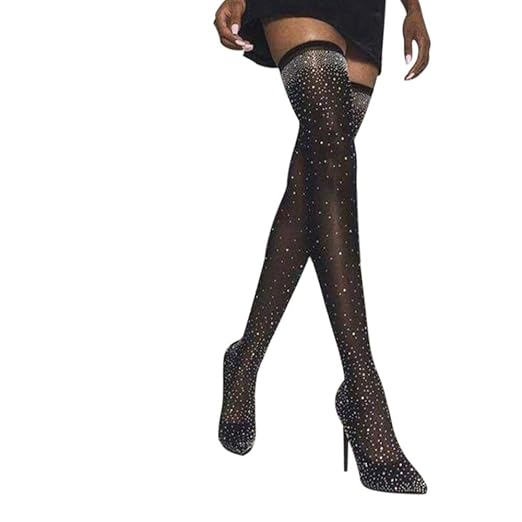 Geili Damen Stiefel Overknees Langschaft High Heels Stiefel Sexy Elastisch Strümpfe Spitze Stiefel Modische Strass Hohe Stief