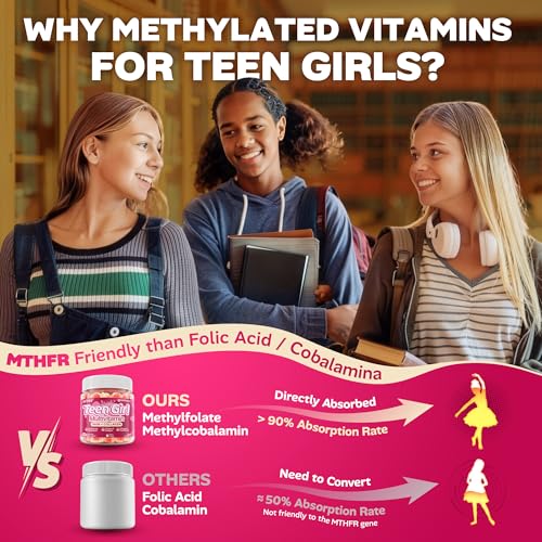 Methylated Multivitamin Gummies for Teen Girls 12-17, Methylfolate, Iron, Collagen, D3 K2, Magnesium, Zinc, Daily Vitamins A C E, B Complex for Teenager Growth, Skin, Bone, Energy - Sugar Free, 60 Cts